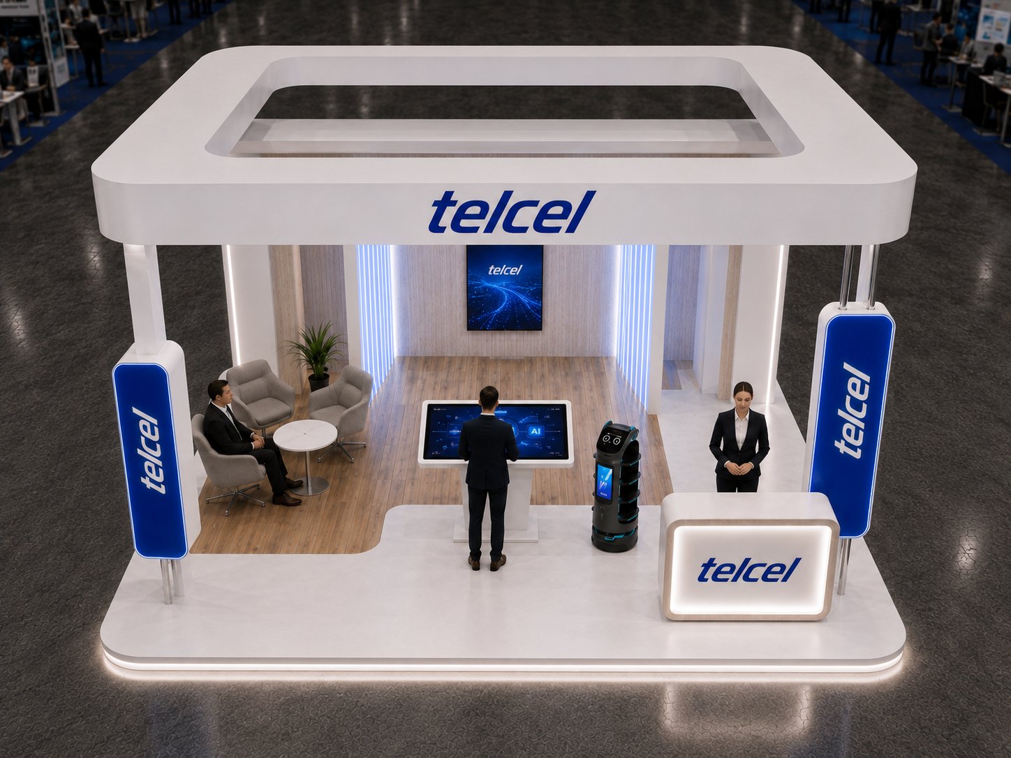 Vista cenital del stand: distribución, circulación y relación entre los módulos.