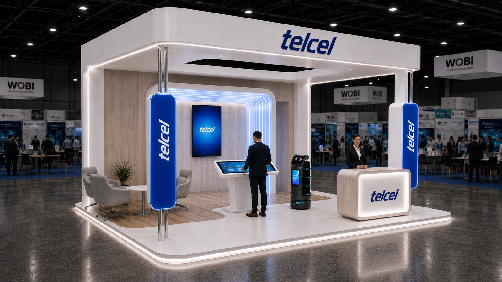 Vista frontal del stand Telcel: arquitectura modular en blanco con copete de marca, túnel de luz, mesa touch, sala y robot de servicio.
