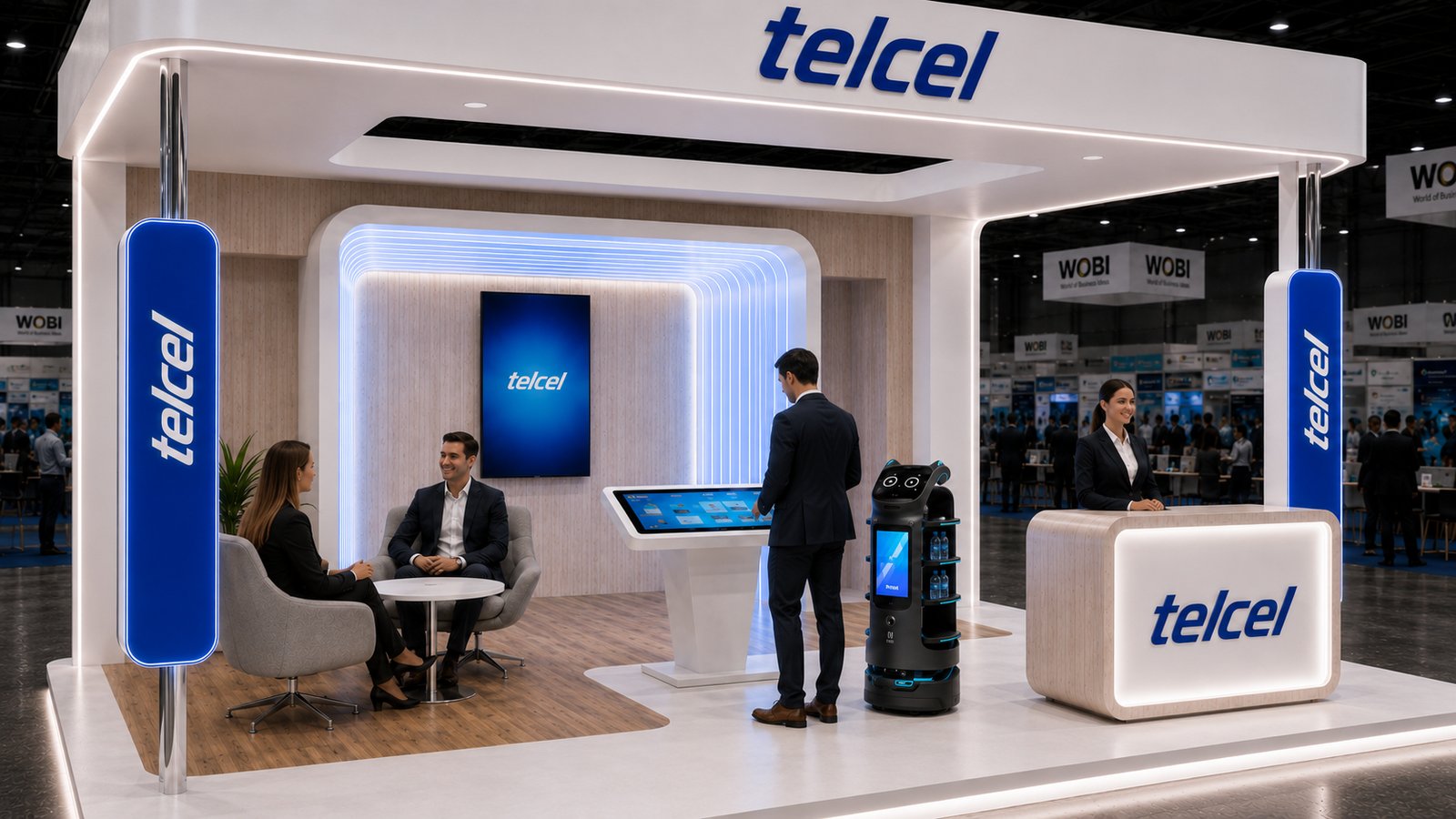 El visitante en conversación dentro del stand Telcel.